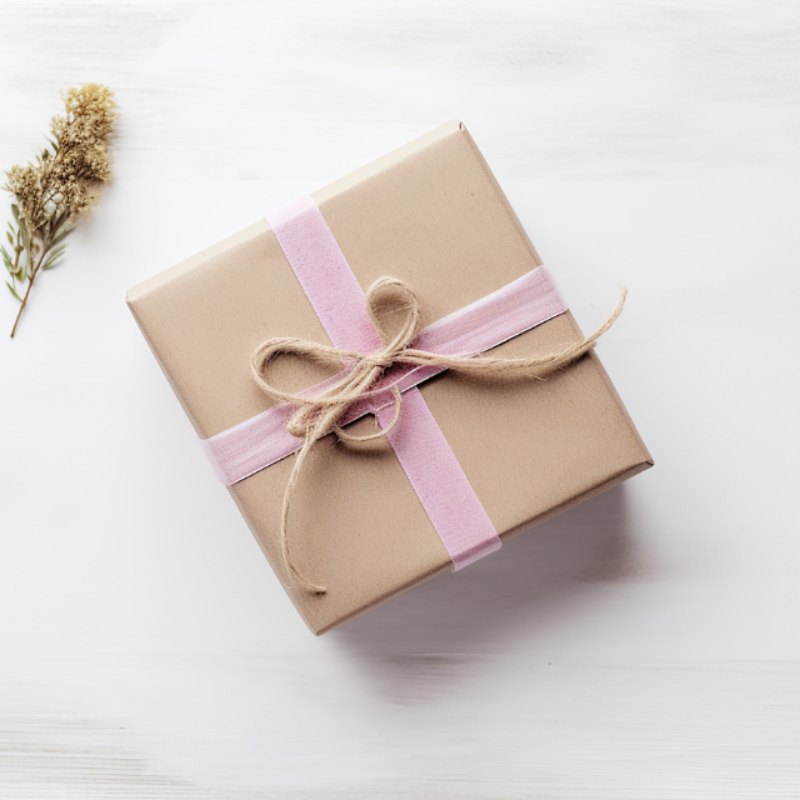 Caixa kraft com fita rosa
